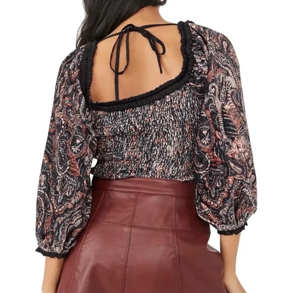 FREE PEOPLE Dare Me Tie Back Velvet Blouse Long Sleeve in Black Combo Size M - Picture 2 of 16